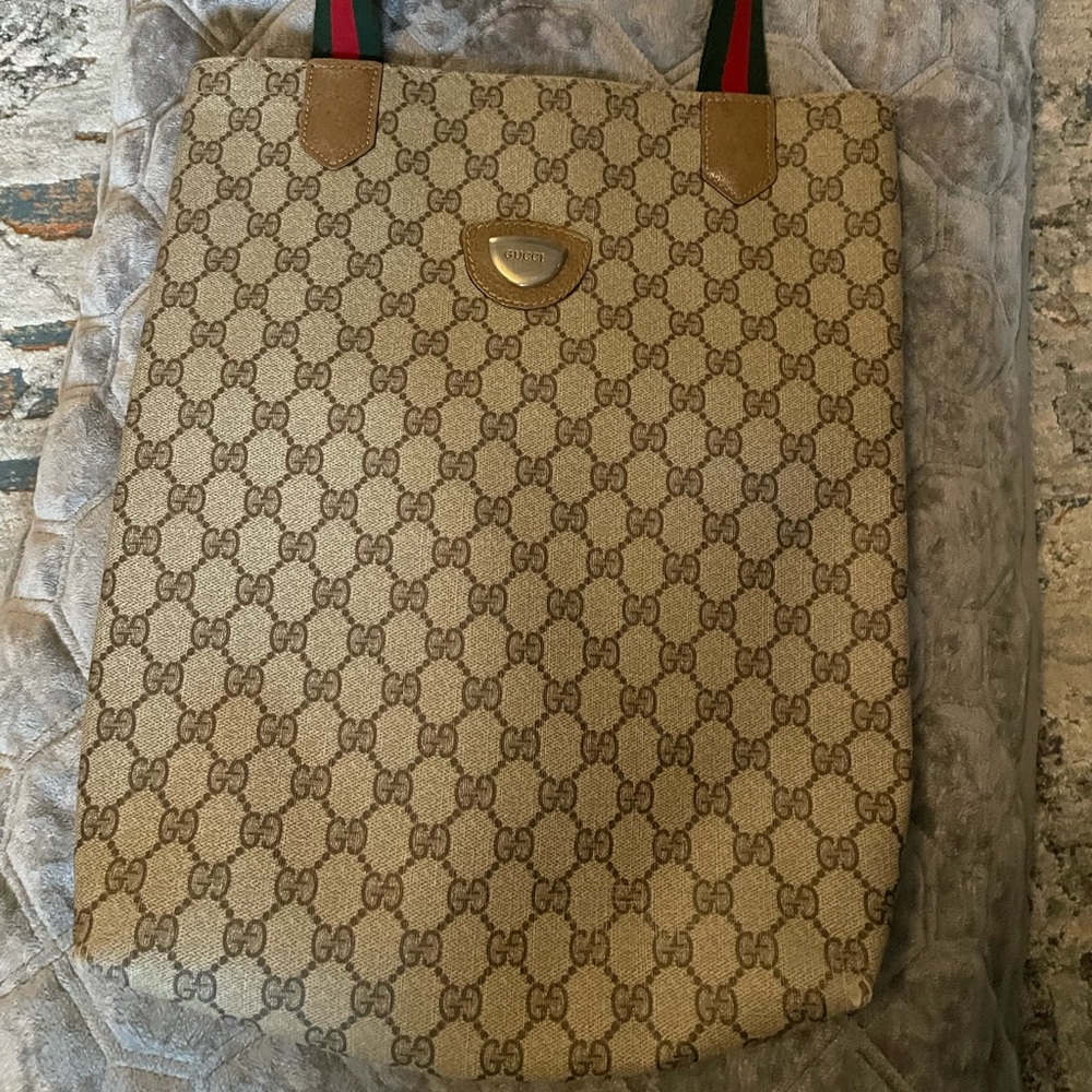 Gucci Beige GG Monogram Tote with Red Leather Straps